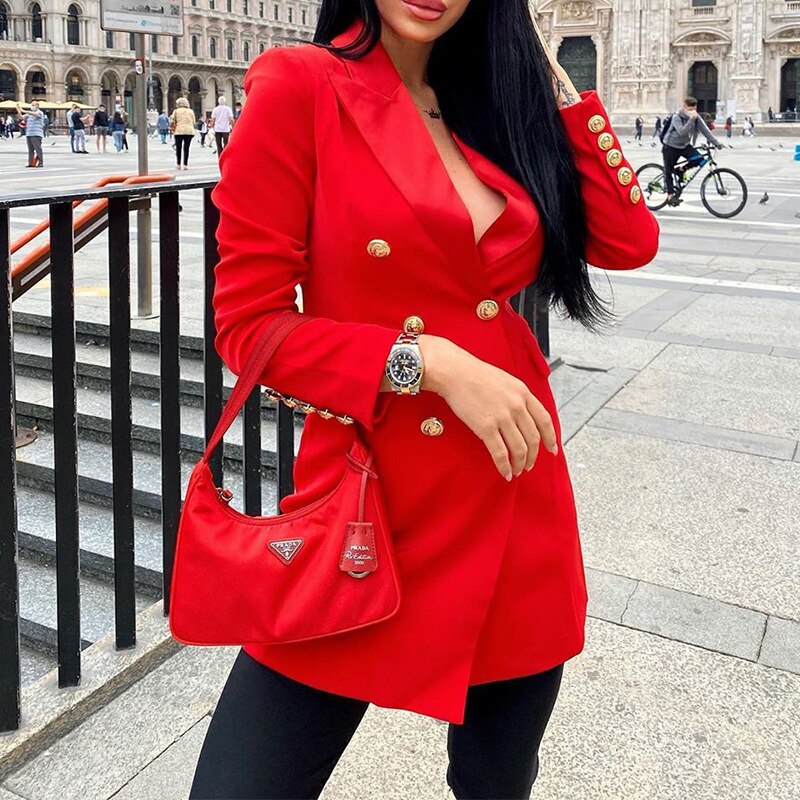 Gabardina de doble botonadura ajustada para mujer, traje de , conjunto con americana chaqueta de mujer para oficina, Blazer blanco para mujer: Rojo / L