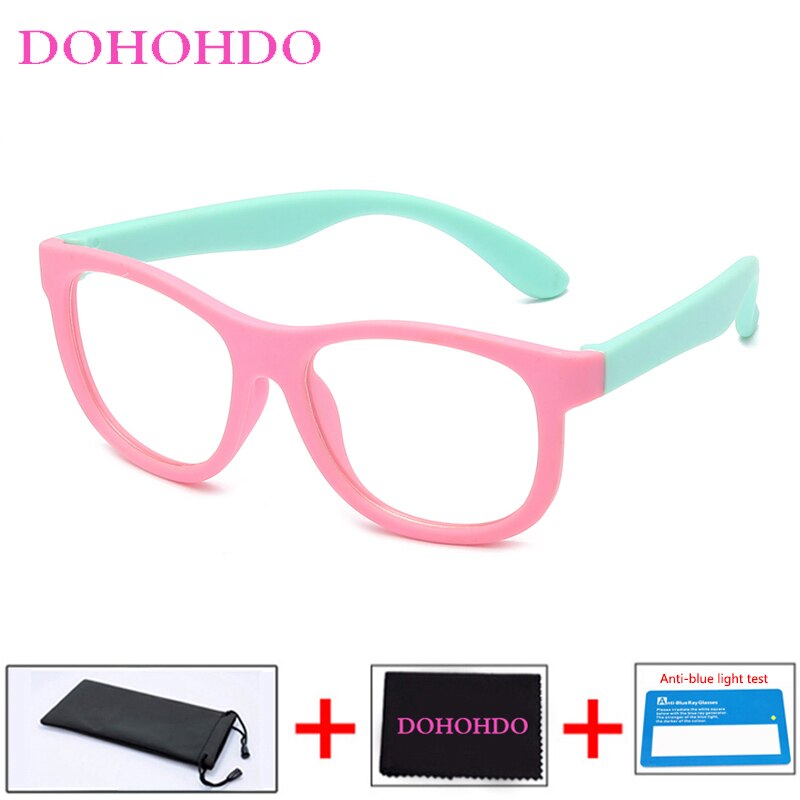 Dohohdo blåt lys blokerende glas fleksibelt  tr90 sikre briller piger drenge almindeligt spejl anti-blåt lys silikonebriller  uv400: Lyserød grøn