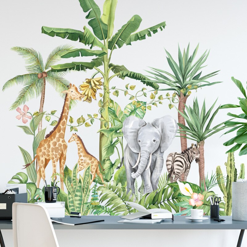Green Rainforest Wall Stickers for Living room Bedroom Elephant Giraffe Animals Wall Decals for Kids rooms Home Decoration Mural