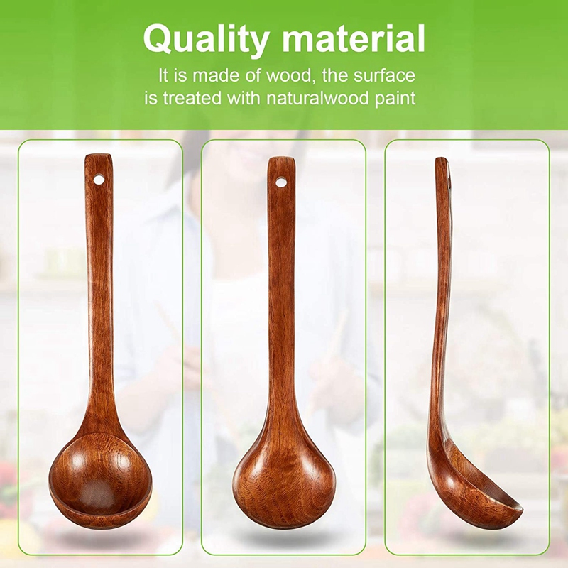 2Pcs Wooden Soup Ladle Long Handle Large Spoon With 2Pcs Wooden Ladle Soup Spoon Long Handle Ladle Cookware