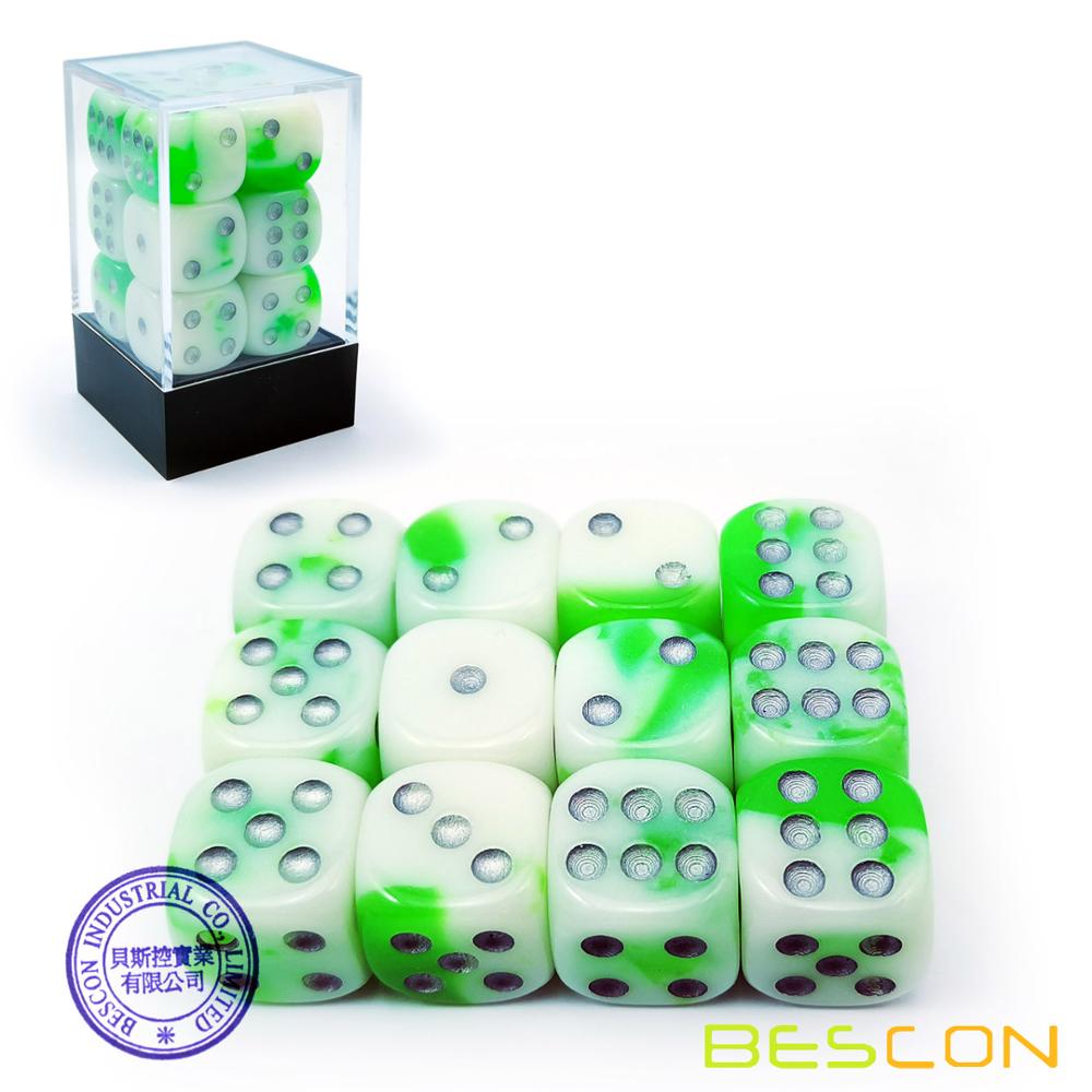 Bescon Twee Tone Glowing Dice D6 16 Mm 12 Stuks Set Lichtgevende Jade, 16 Mm Zes Zijdige Sterven (12) Blok Van Glowing Dice