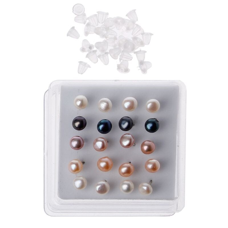 10 Pairs White Pink Black Color Natural Fresh Water Pearl Stud Earrings for Women 6MM Round Irregular Shape Pearly Earrings: A