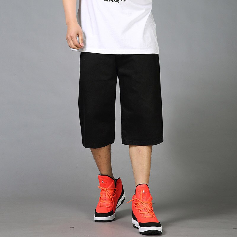 Herre sommer hip hop baggy jeans shorts mænd loose fit straight denim shorts 3/4 sorte blå korte bukser herre plus størrelse 44 46: Sort / 30
