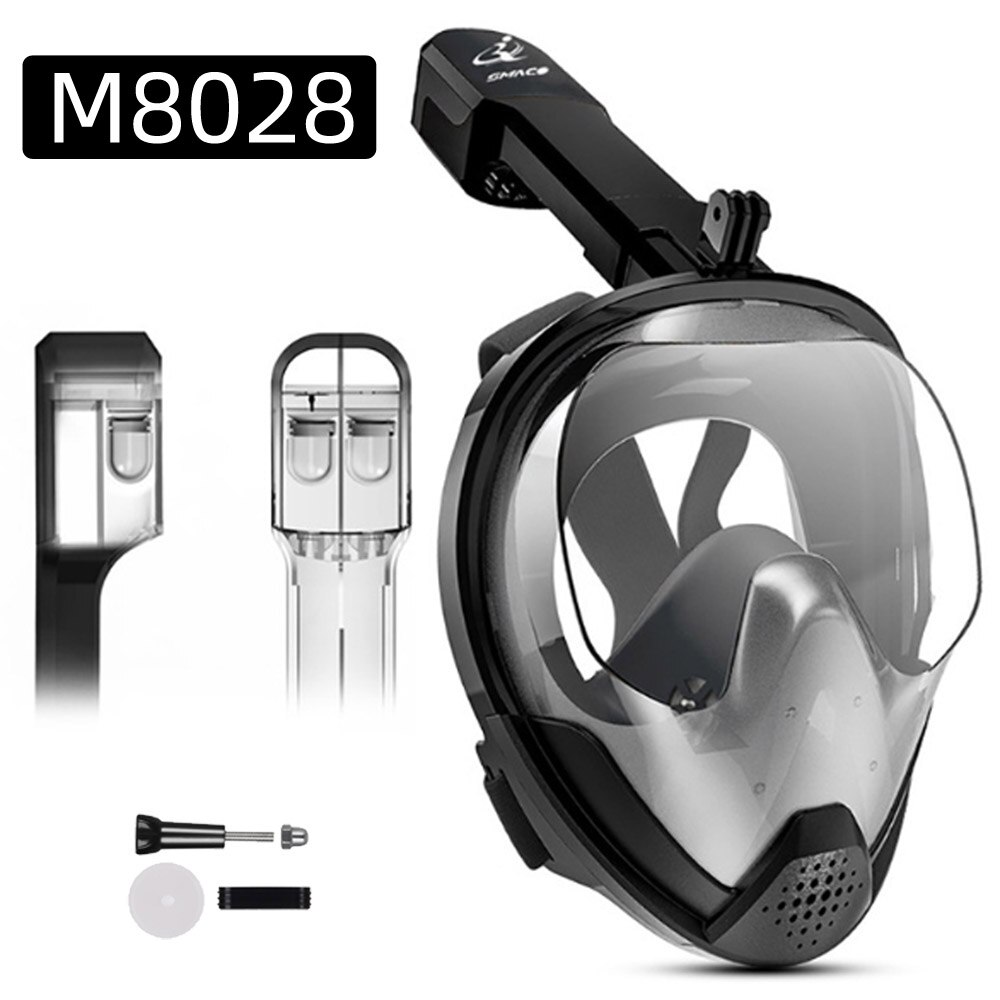 Máscara de buceo de cara completa, gafas antiniebla Scuba, máscara de natación de Snorkel de vista panorámica subacuática para adultos con soporte para cámara: M8028 Black L XL