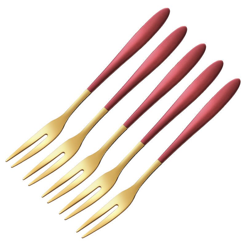 Fruit Fork Set Stainless Steel Fruit Fork INS Nordic Fruit Stick Fruit Plug Cute European Style Small Luxury: Wine Red and Golden Fruit Fork   Five Pack