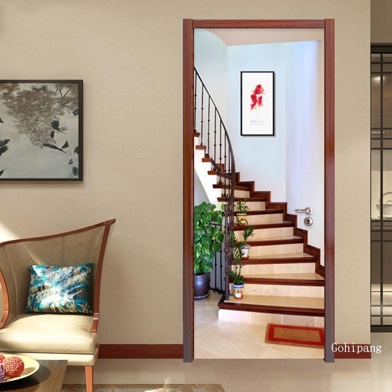Modern Spatial Expansion Stairs 3D Wall Door Sticker Wallpaper Pvc Self-Adhesive Waterproof 3D Door Murals Home Decals