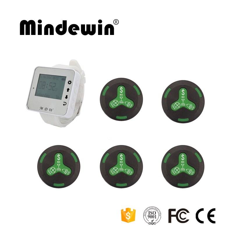 Mindewin 433MHz Restaurant Wireless Calling Paging System 1pc Wrist Watch Receiver Host +5pcs Black Call Transmitter Button: Green