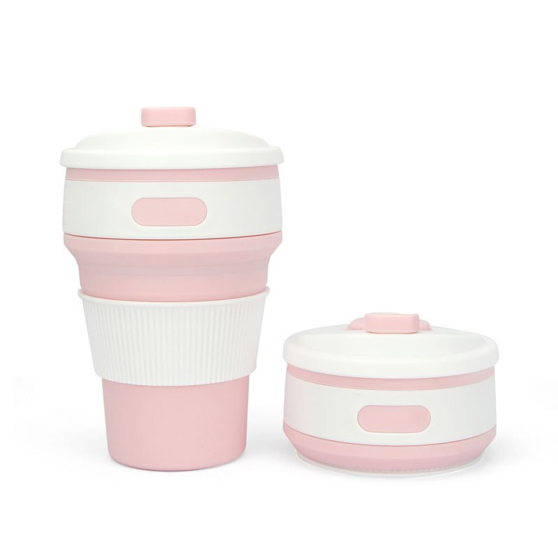Taza de café de silicona plegable, vaso de agua sin BPA, portátil, telescópico, de viaje, multifunción, 350ml: Rosa