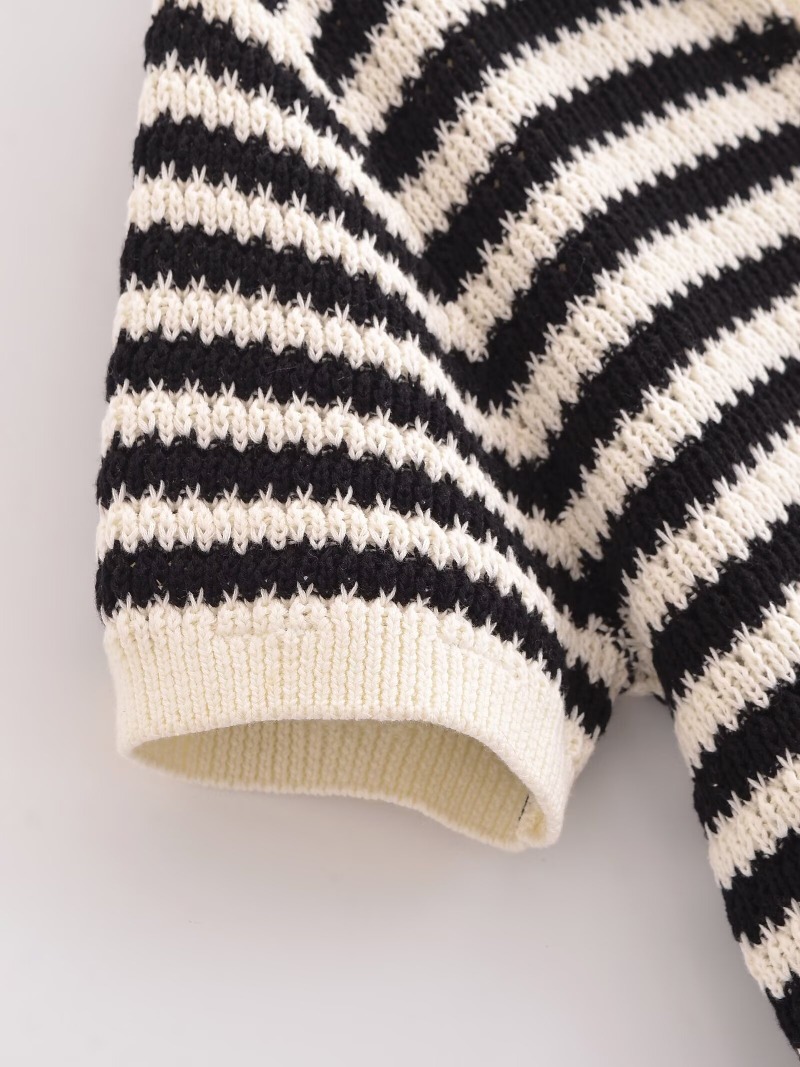 TRAFZR 2025, gestreiftes Strick-Baumwoll-T-Shirt für Damen, Polo-Kragen, kurzärmelig, lässig, Frühling, Sommer, Alltag, Straße, Wochenendkleidung