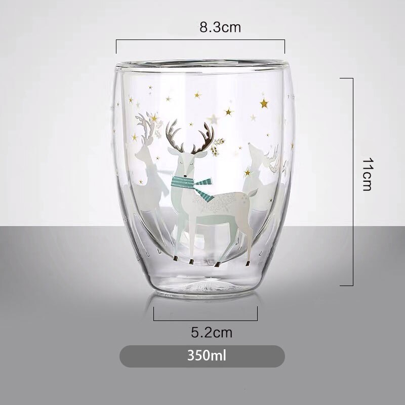 Jultryck glas mugg handtag dubbelskikt isolering tjock glas kopp jul dekor muggar hem vatten koppar värmebeständigt: Rådjur