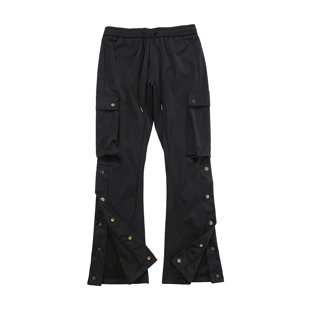 Pantalones acampanados reflectantes de colores para hombre, ropa de calle, pantalones Cargo de , con múltiples bolsillos, botones laterales, extraíbles: Asian M / Negro