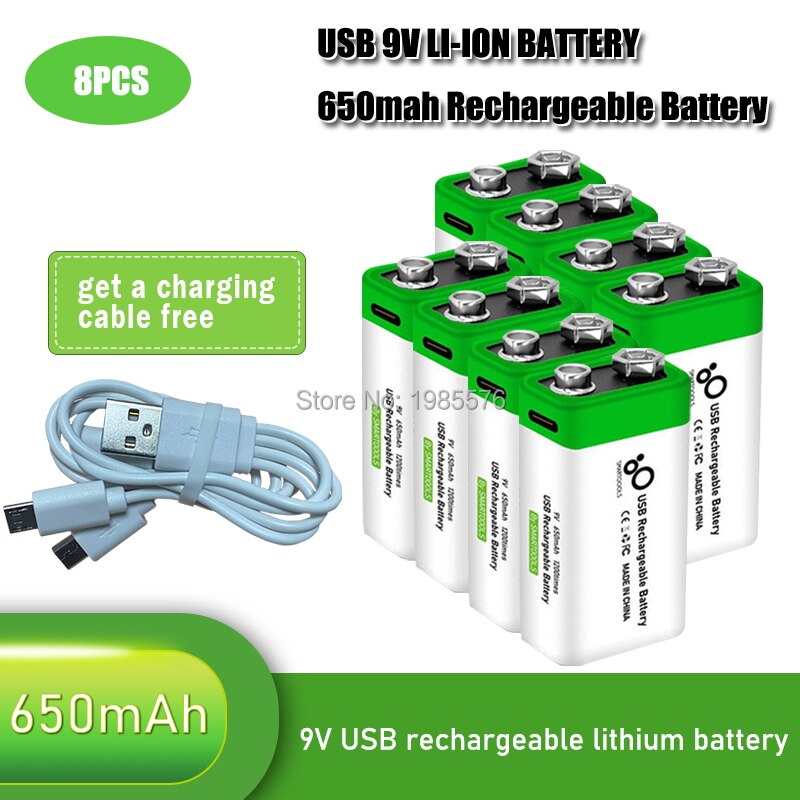 2-10PCS 9V 6F22 650mAh USB lithium Rechargeable battery 9 V li-ion batteries for Multimeter Microphone Toys Remote Control: 8PCS