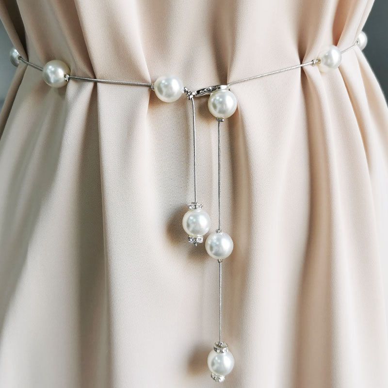 Pearl Women Chain Belt Shell Metal Lady Waist Belts Thin Slim Dress Long Waistbands Straps Banquet Wedding: silver