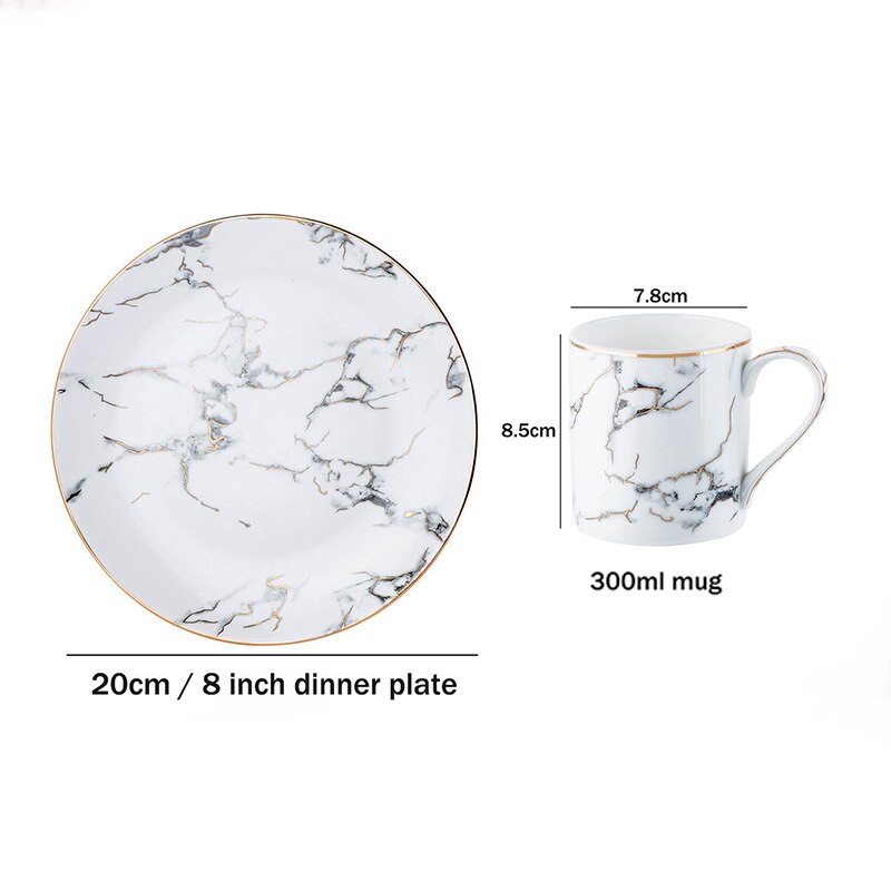 Juego de vajilla de piedra marmoleada, Taza de cerámica dorada, plato de cena, platos de Pasta, juego de té de la tarde, ensalada, plato de postre, 8/10 pulgadas: 1 plate 1 mug