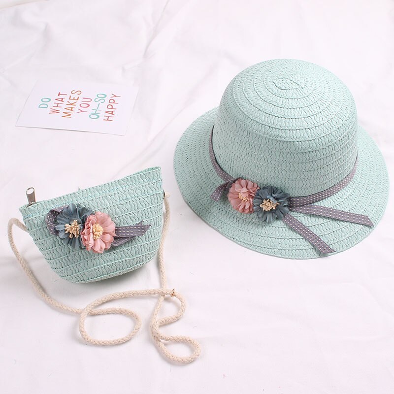 Zomer Baby Bloem Ademend Strohoed Met Handtas Tassen Kids Hoed Jongen Meisjes Zonneklep Uv-bescherming Panama Hoed gorras: 3-blue