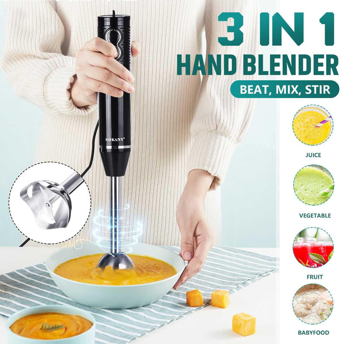 3-In-1 300W Onderdompeling Hand Stick Blender 2 Snelheden Elektrische Voedsel Groente Grinder Hand-Held koken Complementaire Voedsel Machine