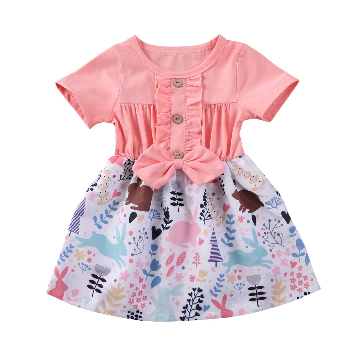 2020 Vestiti del bambino di Estate 1-5T Bambini Infantile Del Bambino Della Ragazza Del Vestito Increspato Manica Corta Vestito Floreale Della Rappezzatura Del Partito abito Da principessa: Colore rosa / 4T
