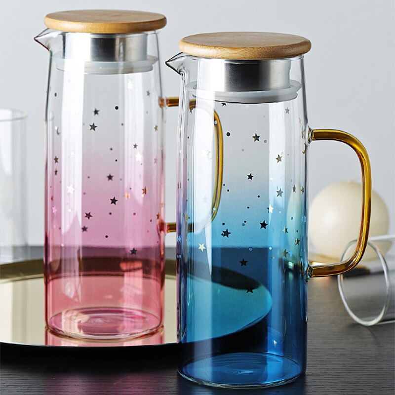 Pichet en verre Pot d'eau résistant à la chaleur cruche d'eau bouilloire couvercle en bambou pour l'eau bouillante thé jus de fruits cruche en verre