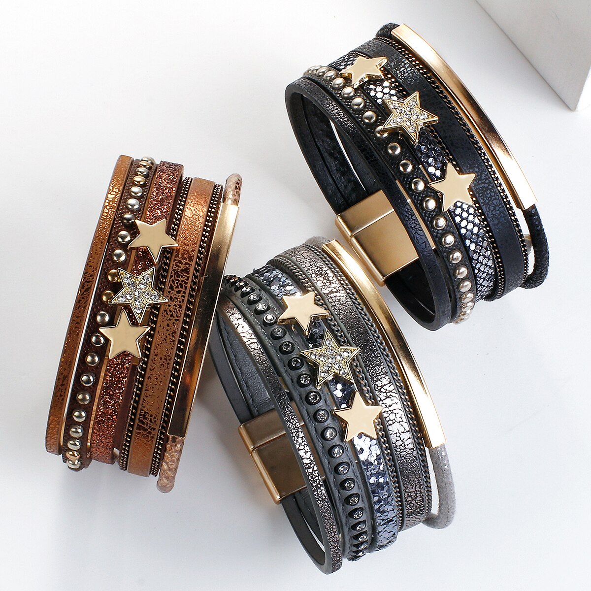 Allyes rhinestone stjerne charme læder armbånd til kvinder boho flerlags punk nitte bred wrap armbånd kvindelige smykker