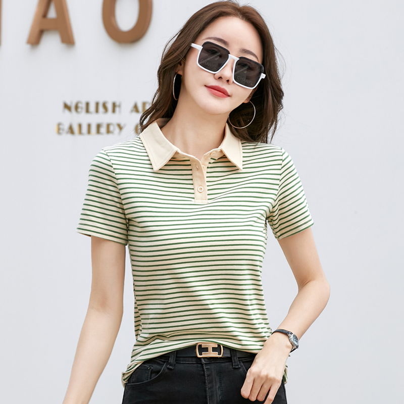 Korean Style Short Sleeve Polo Shirt Women Cotton Stretch Summer Tops Knitted Striped T-shirt For Women