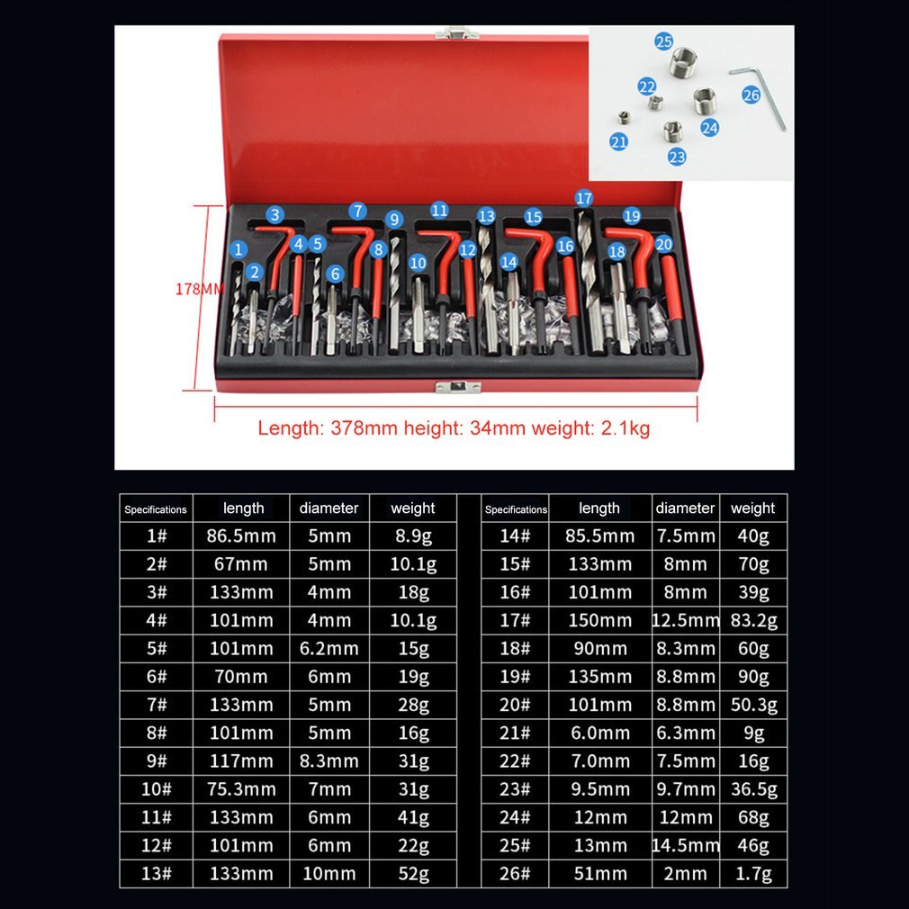 131 Pcs Engine Block Restoring Damaged Thread Repair Tool Kit M5 M6 M8 M10 M12 for Helicoil Car Repair Tools Coarse Crowbar