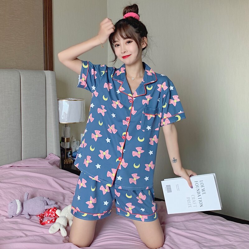 Autumn Summer Women Pajamas Set Short Sleeve Cartoon Girls Sleepwear Set Female Loungewear Cute Women Pyjamas Set