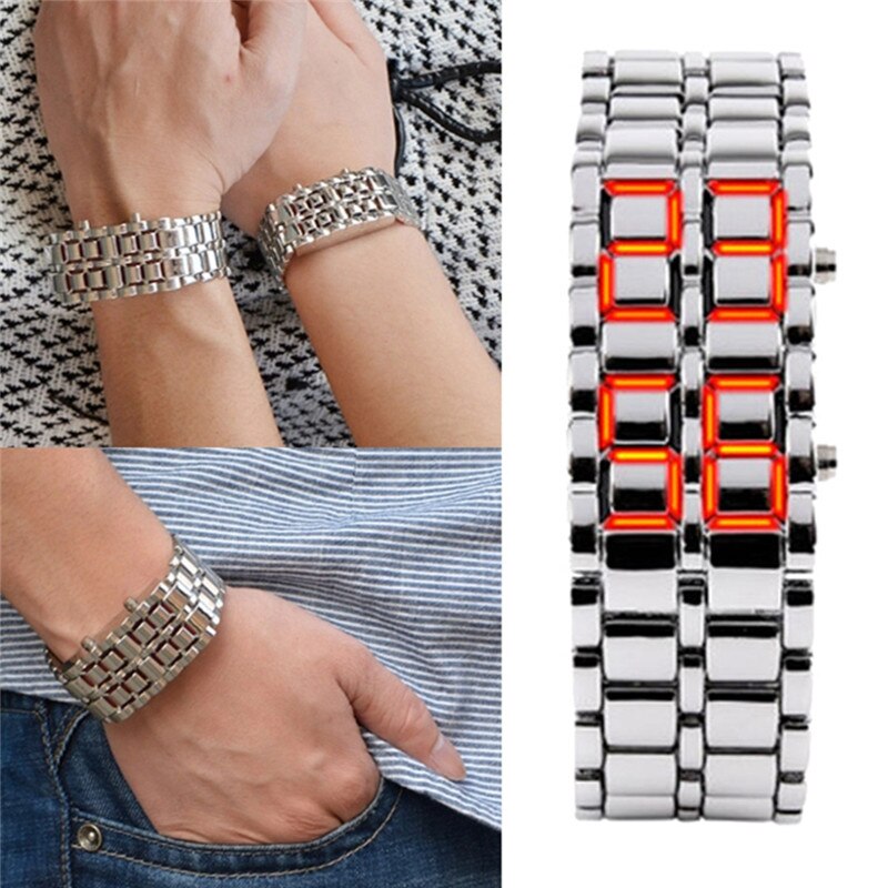 Men Women Lava Iron Samurai Metal LED Faceless Bracelet Watch Wristwatch Full steel Fire digital watch
