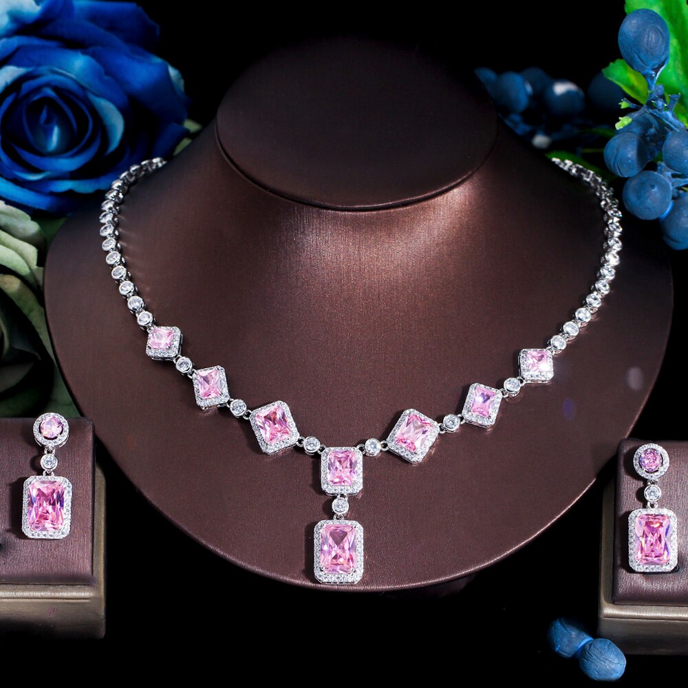 Threegraces Elegante Geel Zirconia Geometrische Plein Oorbellen Ketting Bruids Bruiloft Sieraden Set Voor Vrouwen TZ694