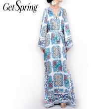 GETSPRING Vrouwen Jurk V-hals Print Lange Mouwen Maxi Jurken Losse Split Bohemen Jurken Sexy Lange Print Bloemen Maxi Jurk