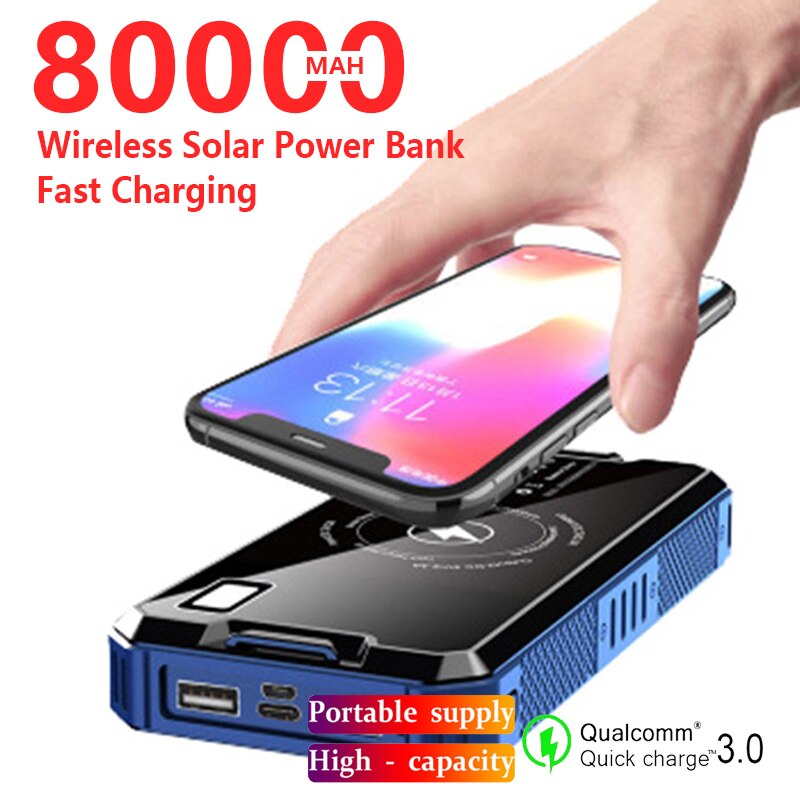 80000Mah Qi Wireless Solar Power Bank Draagbare Telefoon Externe Lader Solar Battery Panel Draadloze Opladen Outdoor Powerbank