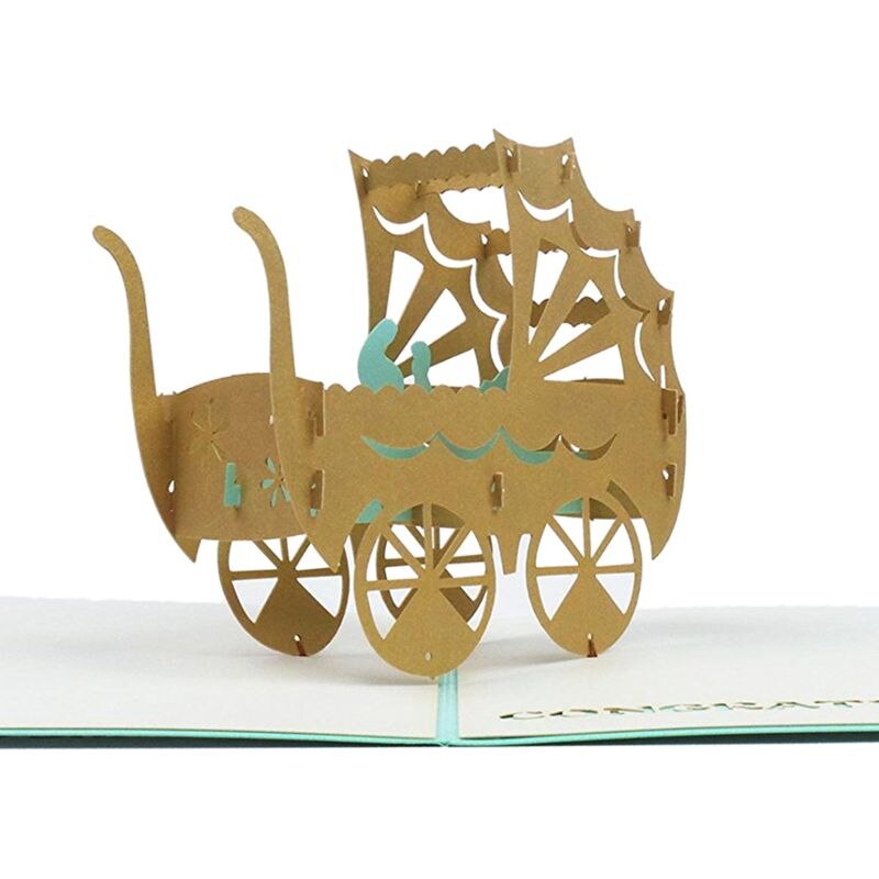 3D bébé en landau carte Pop up carte d'anniversaire bébé à la main Kirigami papier Art blanc 3D carte de voeux (bébé garçon)
