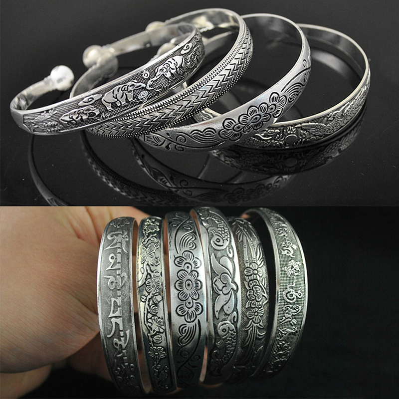 Pulseras de plata tibetanas clásicas para mujer, joyería de plata tibetana, 9 estilos