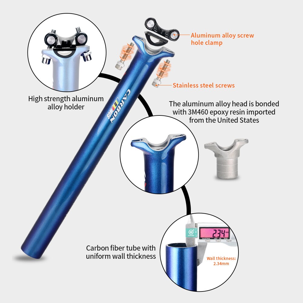 TOSEEK Carbon Seatpost dazzle Blue to purple Mtb Seatpost Offset 0mm Bike Seatpost Carbon 27.2/30.8/31.6mm Bicycle Seat Post