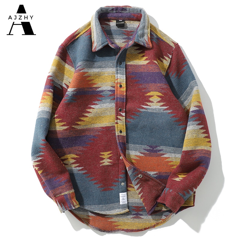 Geometrisk uld flannel skjorte mænd langærmet foråret stamme varm afslappet skjorte streetwear tøj efterår trykning skjorte: Brun / Asiatisk størrelse m