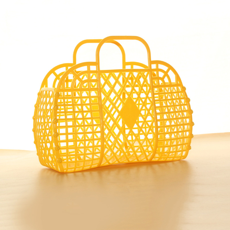 Bolsa de cesta de almacenamiento de plástico plegable, organizador de cosméticos de viaje abierto con de asas dobles, bolsa de playa para lavar a mano fácil de limpiar: YELLOW