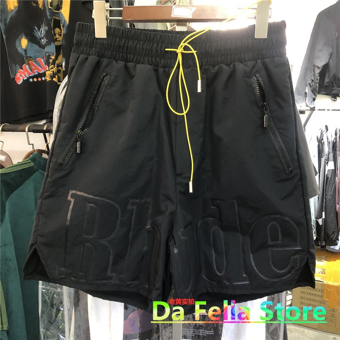 Rhude Logo Shorts Mannen Vrouwen Geleidelijke Tekst Mark Gewassen Nylon Rhude Korte 1:1 Twin Rits Zakken: 8 / M