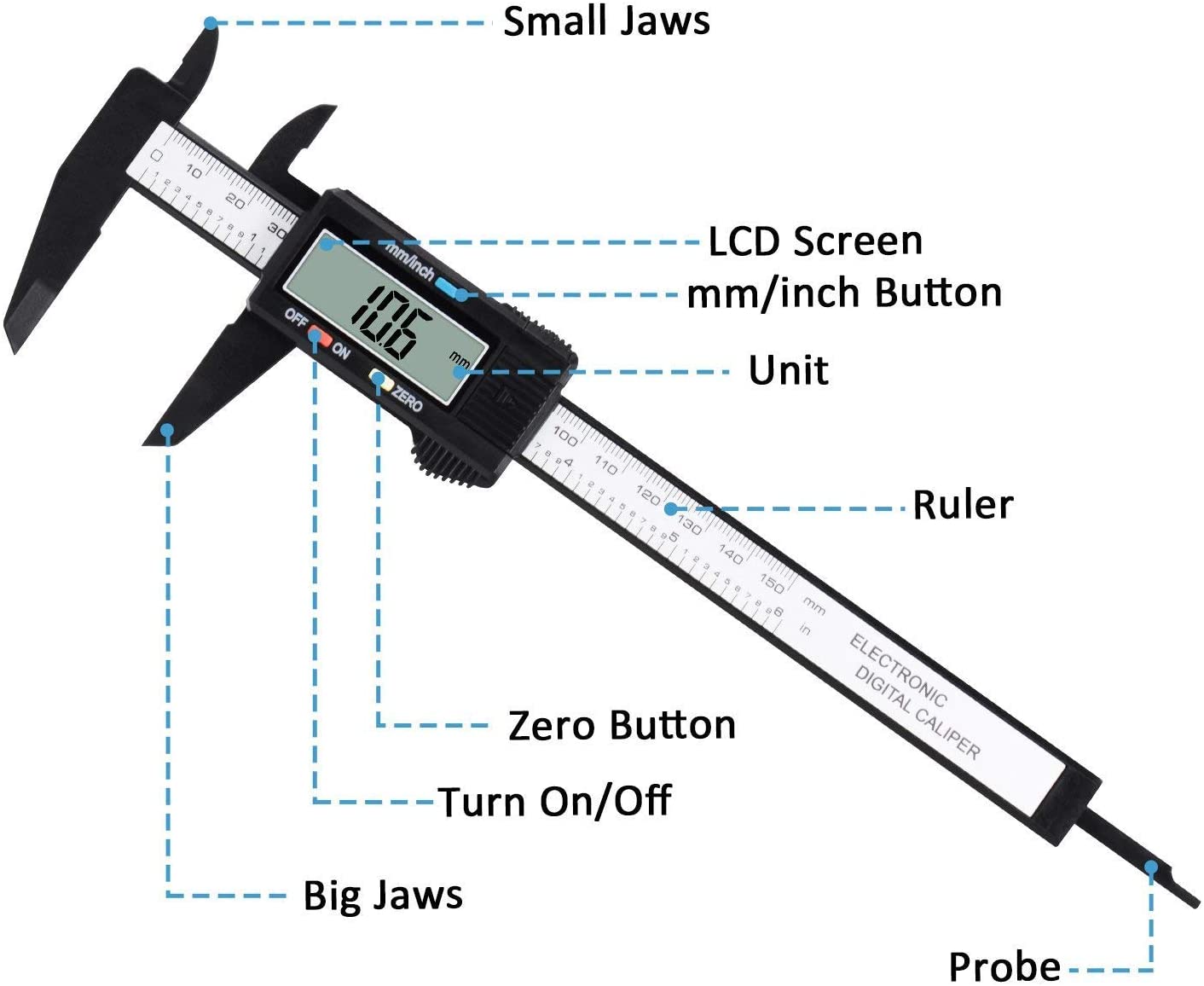 Digital Caliper, Calipers Measuring Tool - Electronic Micrometer Caliper with Large LCD Screen Inch and Millimeter Conversion