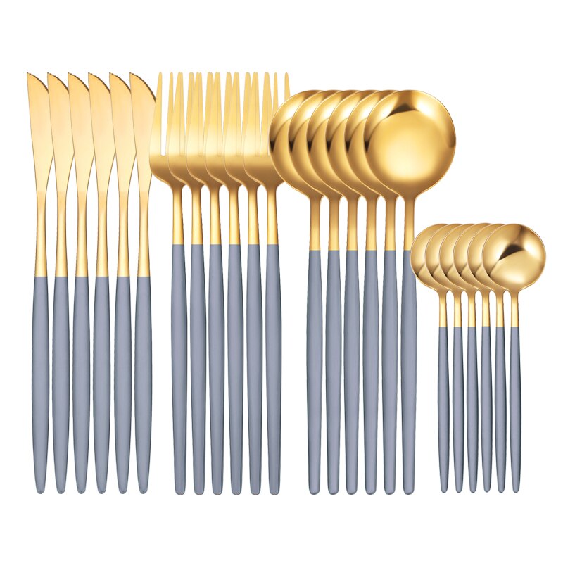 Green Gold 24 Piece Cutlery Cutlery Set Non-fading Cutlery Set Stainless Steel Cutlery Dinner Kitchen Household Knives: 24Pcs grey Gold
