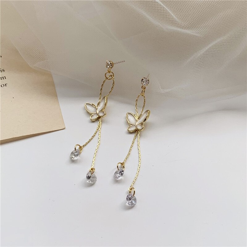 Beautiful Butterfly Long Chain Clip Earrings Mori Girls Crystal Charm Earrings