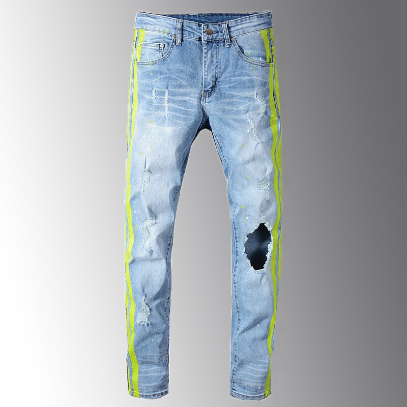 Mænds neon gule farve linjer patchwork ripped jeans huller ødelagt denim stretch bukser slim fit man jeans 28-40
