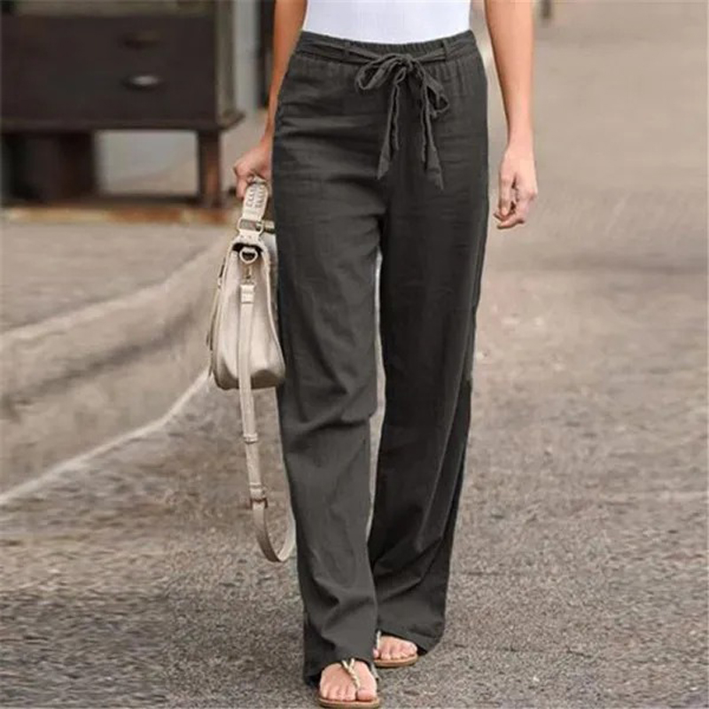 Summer Elastic Waist Women Cotton Linen Pants Hight Waist Ankle-length Oversized Loose Trousers Female Casual Solid Color Pants: XL / black