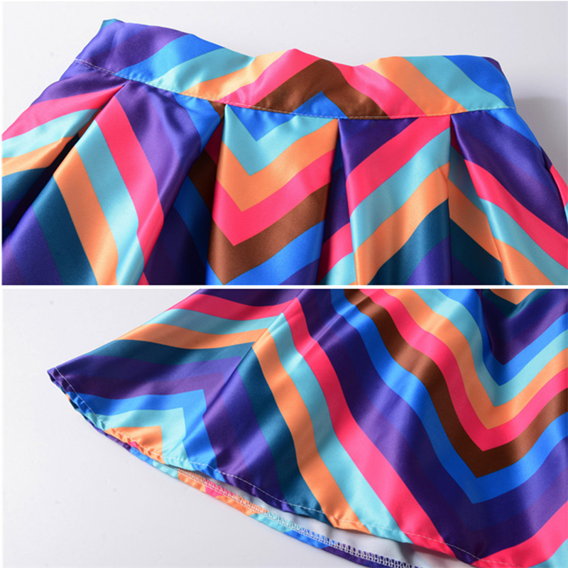 Neophil – Jupe trapèze plissée en Satin arc-en-ciel à rayures et franges imprimées, taille haute, volants évasés, S07048, collection été 2022