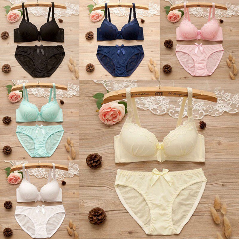 B Women Lace Padded Push Up No Steel Ring Small Chest Gathered Back Closure Adjustment Bow Adjusted-straps Bra Briefs Set