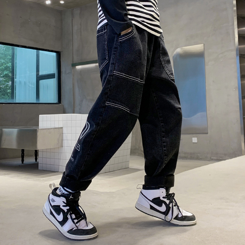 Boy Spring Loose Pocket Jeans Children Contrast Cargo Jean Pants Kids Straight Denim Pant Baggy Trouser Teen Clothes