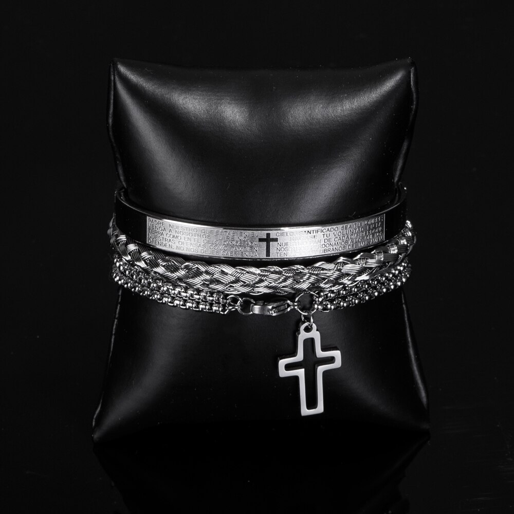 Luxe 3 Stks/set Rvs Cross Armband Mannen Sieraden Charm Open Brangle Carving Spaans Schrift Pulseira Bileklik: Silver Set A