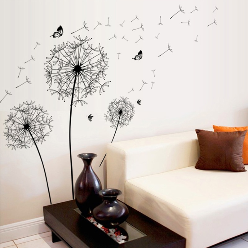 Pegatina negra, calcomanías creativas para cubierta de pared de diente de león, calcomanías de vinilo removibles para el hogar, decoraciones para el salón