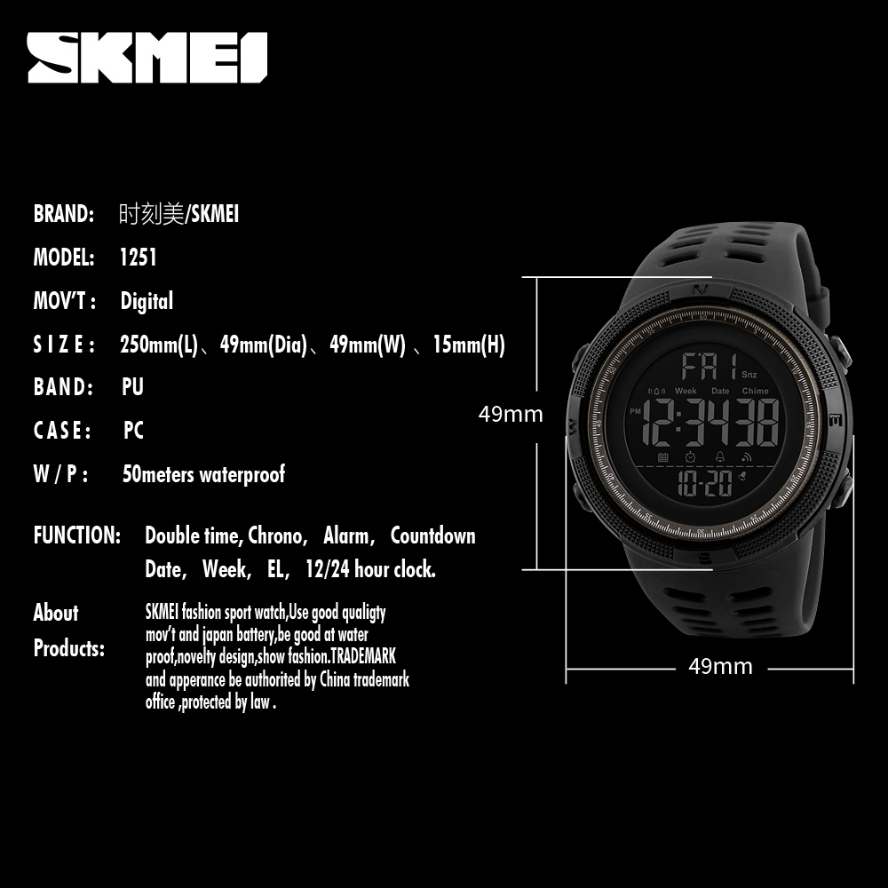 Relojes multifunción SKMEI 1251, reloj despertador Chrono 5Bar, reloj Digital resistente al agua, reloj deportivo para hombre al aire libre