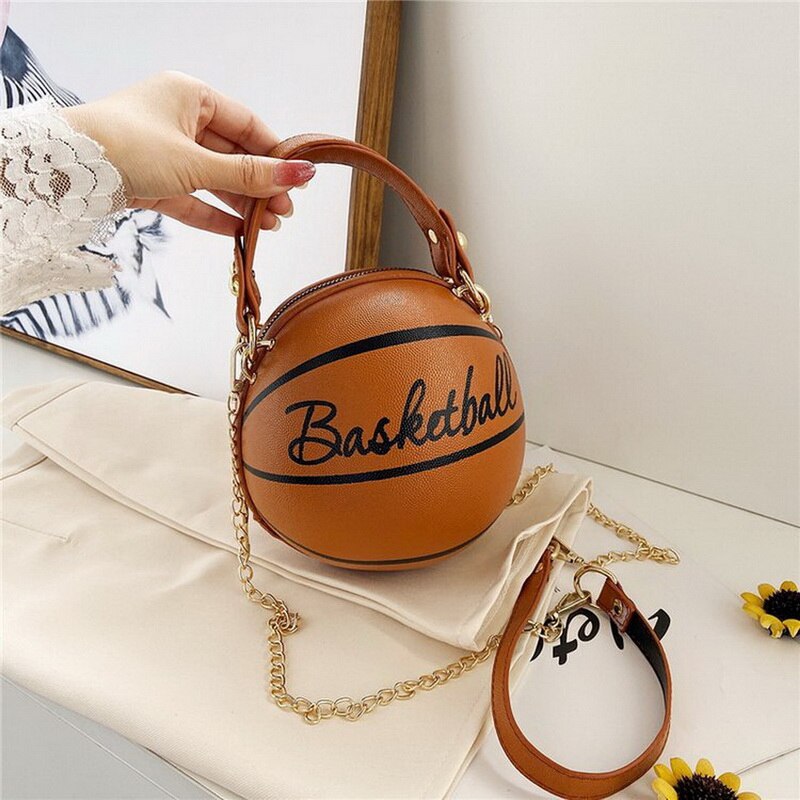 Basketball Shape Hand Bag Women Chains Handbag Letter Shoulder Bag Female Mini Crossbody Bags Circular Purse: Brown basketball