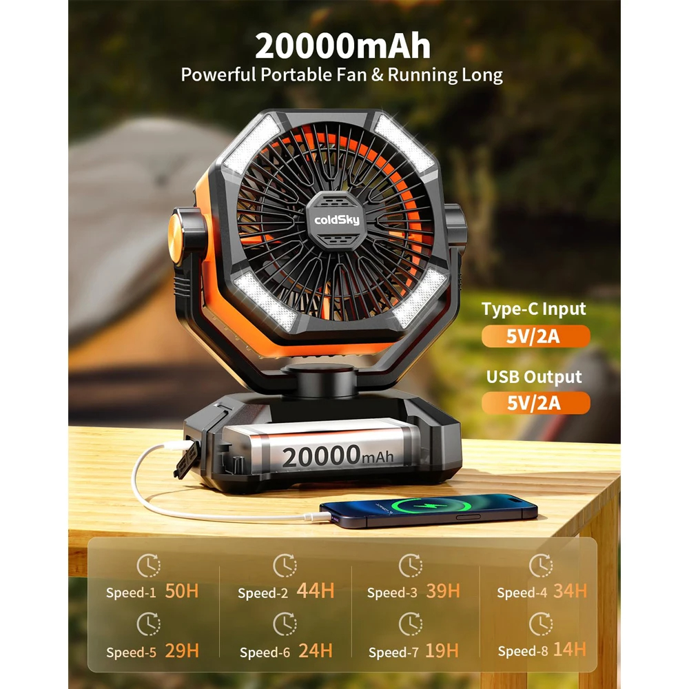 ColdSky-ventilador de Camping con batería de 20000mAh, linterna de 4 LED, ventilador de escritorio de 8 velocidades, ventilador portátil para exteriores para tienda de campaña, canciones de trabajo