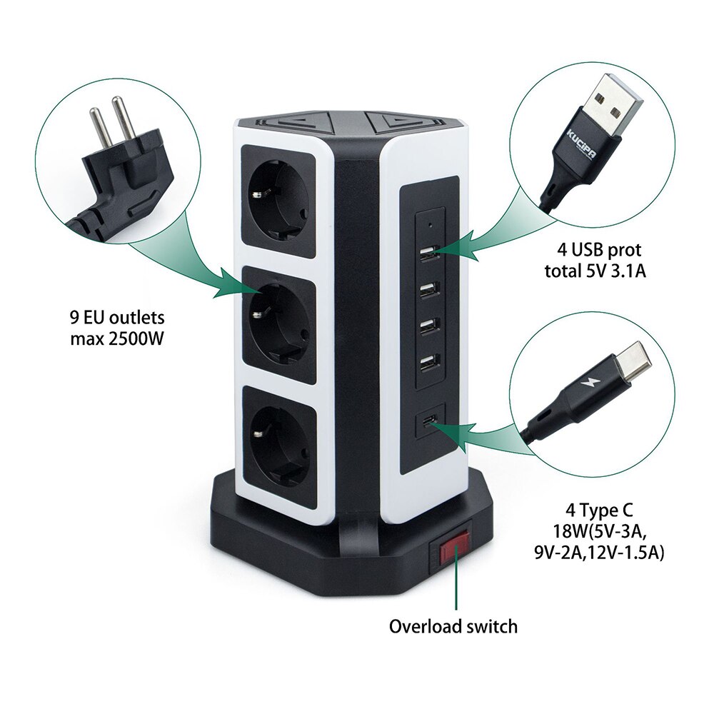 Multiprise verticale prise électrique ue prise de courant 9 voies prise tour USB-C Ports 2m Protection contre les courts-circuits